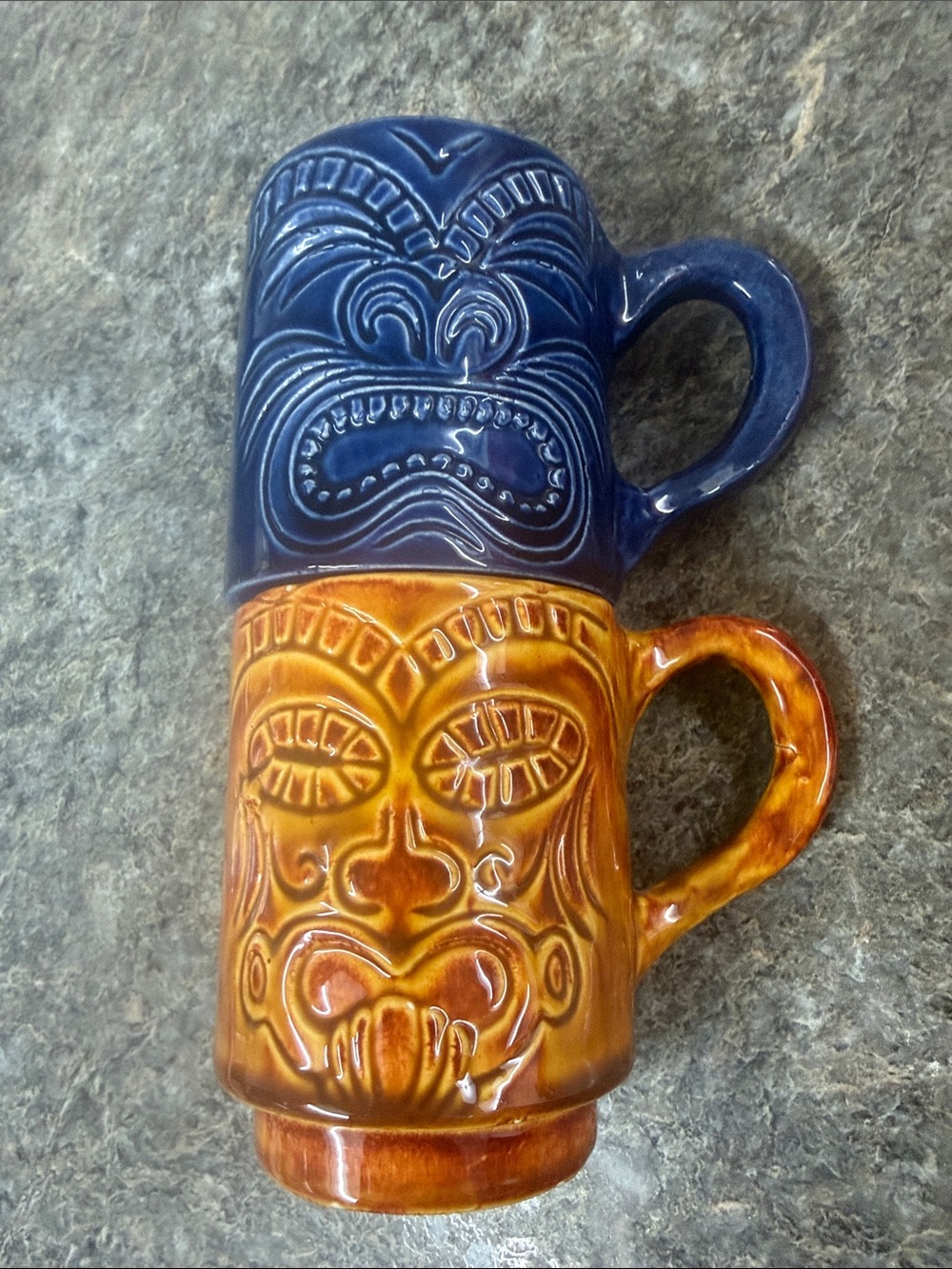 Vintage Blue and Amber Tiki Mugs Set